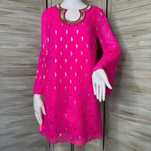 Lilly Pulitzer Amory silk dress gold metallic bead embellishment sz 0 Raz Berry